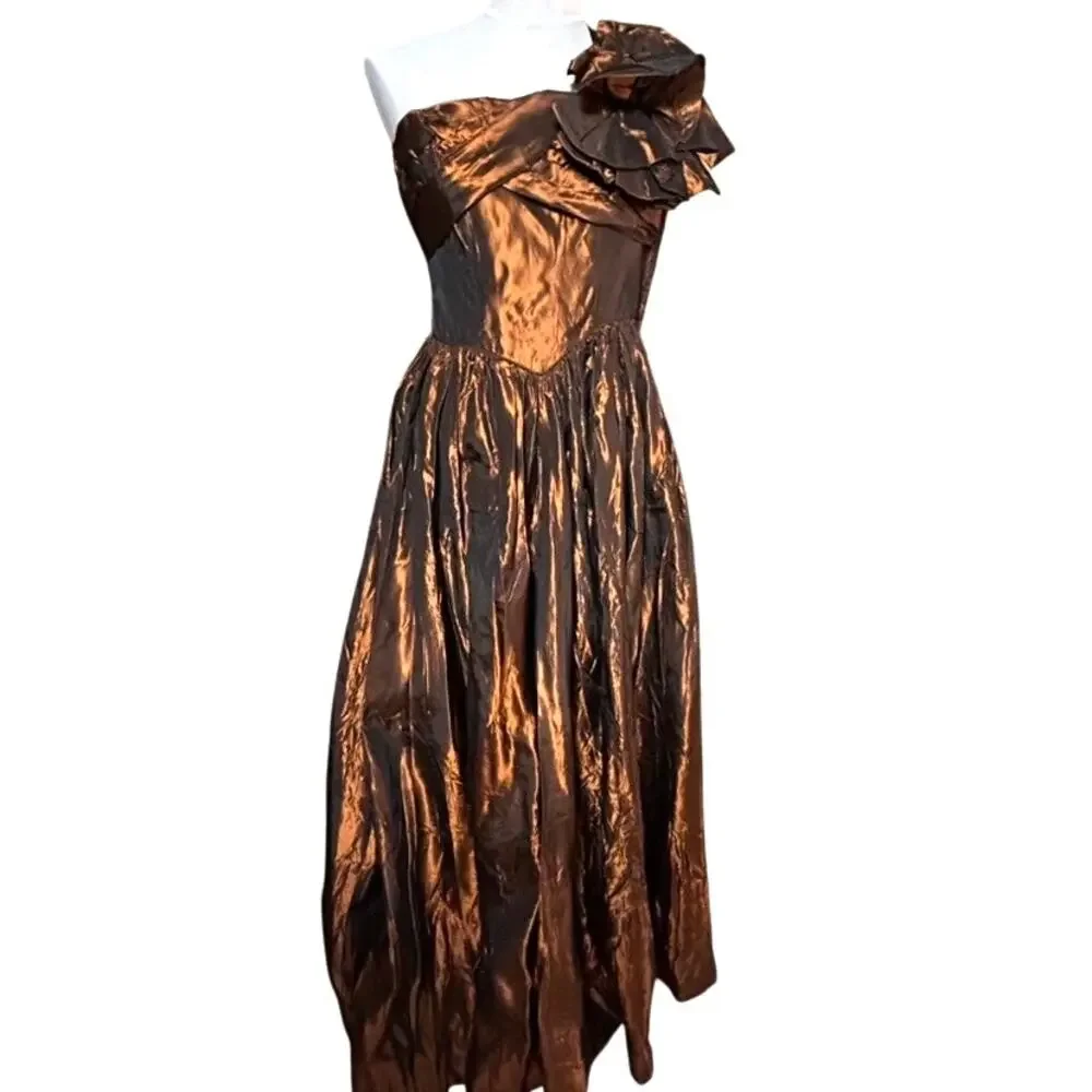 Vintage Fred Perlberg Dance Originals Copper Taffeta Ballgown One Shoulder SM